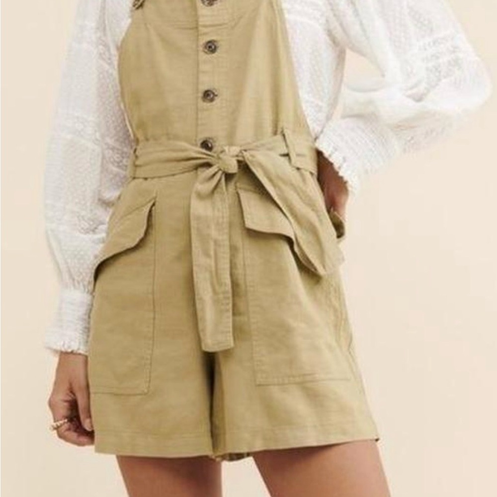 Urban Outfitters Khaki Utility Tie-Waist Romper Shortalls Linen Blend Medium